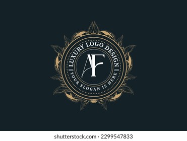 Floral Heraldic or ornamental Luxury circle Logo template ..AF or fa letter logo. Good for Restaurant, Royalty, Boutique, Hotel, Jewelry, Fashion ..original vector illustration..