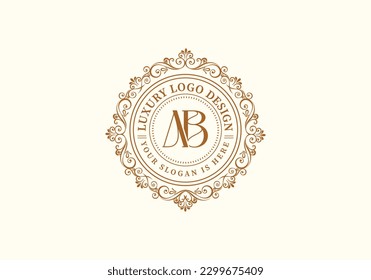 Floral Heraldic or ornamental Luxury circle Logo template ..AB or BA letter logo. Good for Restaurant, Royalty, Boutique, Hotel, Jewelry, Fashion ..original vector illustration..