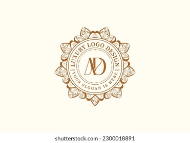 Floral Heraldic or ornamental Luxury circle Logo template ..AD or da letter logo. Good for Restaurant, Royalty, Boutique, Hotel, Jewelry, Fashion ..original vector illustration..