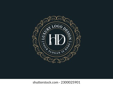 Planilla de logotipo de círculo floral heráldica o ornamental de lujo ..logotipo de letra HD o DH. Ideal para restaurantes, realeza, Boutique, Hotel, Joyería, Moda ... ilustración vectorial original..