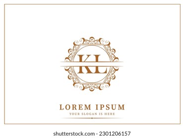 Floral Heraldic or ornamental Luxury circle Logo template ..KL or LK letter logo. Good for Restaurant, Royalty, Boutique, Hotel, Jewelry, Fashion ..original vector illustration..
