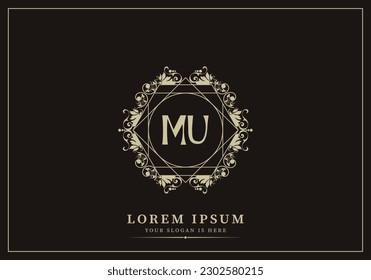 Floral Heraldic or ornamental Luxury circle and polygon  Logo template .. MU OR UM letter logo. Good for Restaurant, Royalty, Boutique, Hotel, Jewelry, Fashion ..original vector illustration.