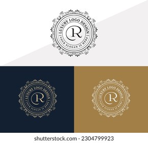 Floral Heraldic or ornamental Luxury circle Logo template .. R letter logo. Good for Restaurant, Royalty, Boutique, Hotel, Jewelry, Fashion ..original vector illustration.