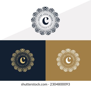 Floral Heraldic or ornamental Luxury circle Logo template .. C letter logo. Good for Restaurant, Royalty, Boutique, Hotel, Jewelry, Fashion ..original vector illustration.