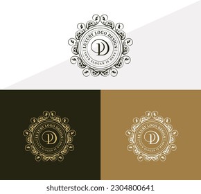 Floral Heraldic or ornamental Luxury circle Logo template .. D letter logo. Good for Restaurant, Royalty, Boutique, Hotel, Jewelry, Fashion ..original vector illustration.