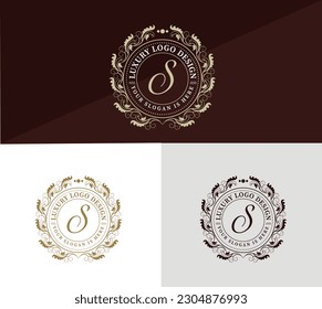 Floral Heraldic or ornamental Luxury circle Logo template .. S letter logo. Good for Restaurant, Royalty, Boutique, Hotel, Jewelry, Fashion ..original vector illustration.