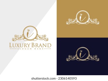 Floral Heraldic or ornamental Luxury circle Logo template .I letter logo. Good for Restaurant, Royalty, Boutique, Hotel, Jewelry, Fashion ..original vector illustration.