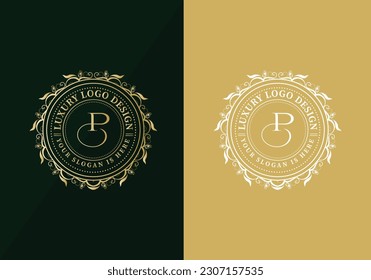 Floral Heraldic or ornamental Luxury circle Logo template .P letter logo. Good for Restaurant, Royalty, Boutique, Hotel, Jewelry, Fashion ..original vector illustration.