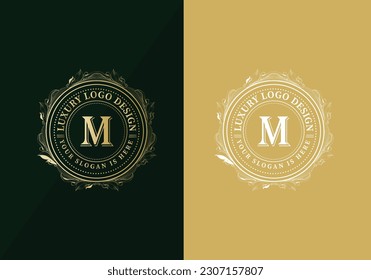 Floral Heraldic or ornamental Luxury circle Logo template .M letter logo. Good for Restaurant, Royalty, Boutique, Hotel, Jewelry, Fashion ..original vector illustration.