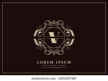 Floral Heraldic or ornamental Luxury  Logo template .. V letter logo. Good for Restaurant, Royalty, Boutique, Hotel, Jewelry, Fashion ..original vector illustration.