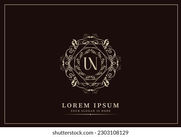 Floral Heraldic or ornamental Luxury  Logo template .. UN OR NU letter logo. Good for Restaurant, Royalty, Boutique, Hotel, Jewelry, Fashion ..original vector illustration.