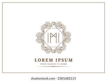 Floral Heraldic or ornamental Luxury square and polygon Logo template .. M letter logo. Good for Restaurant, Royalty, Boutique, Hotel, Jewelry, Fashion ..original vector illustration..