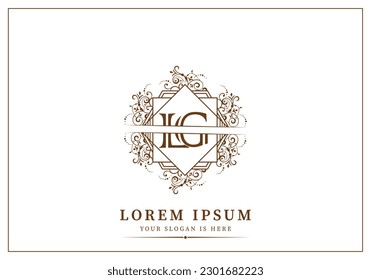 Floral Heraldic or ornamental Luxury square and polygon Logo template .. LG or GL letter logo. Good for Restaurant, Royalty, Boutique, Hotel, Jewelry, Fashion ..original vector illustration..