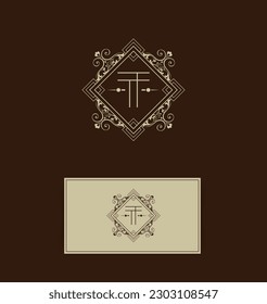 Floral Heraldic or ornamental Luxury SQUARE Logo template .. T letter logo. Good for Restaurant, Royalty, Boutique, Hotel, Jewelry, Fashion ..original vector illustration.
