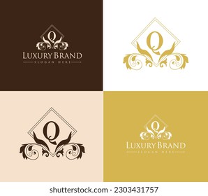 Floral Heraldic or ornamental Luxury SQUARE Logo template .. Q letter logo. Good for Restaurant, Royalty, Boutique, Hotel, Jewelry, Fashion ..original vector illustration.