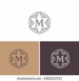 Floral Heraldic or ornamental Luxury star Logo template .M letter logo. Good for Restaurant, Royalty, Boutique, Hotel, Jewelry, Fashion ..original vector illustration.