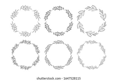 Floral herb frames set. Rustic branch wreaths for wedding. Vector isolated spring flourish borders.