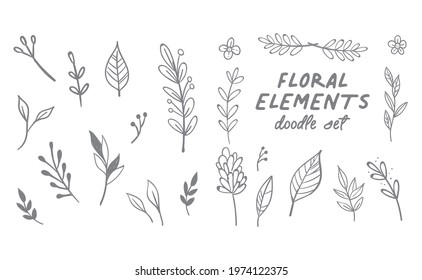 Floral and herbal ornament hand drawn designs. Leaves and branches nature doodles.