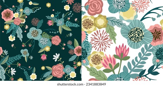 Floral herbal seamless vector set on dark and white background. Trendy cute modern design for paper, fabric, decor, interior, cover and tableware