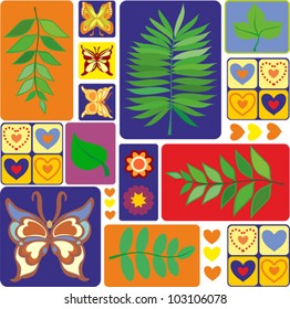 Floral Herbarium accompanied by some Hearts and Butterflies on White Background