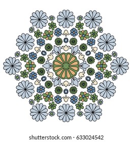 Floral Hexagonal Pattern with Daisy Flowers. Different Simple Flowers Organized in Symmetric Motif. Cute Ornament in Vintage Desaturated Colors