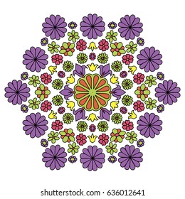 Floral Hexagonal Pattern with Daisy Flowers. Different Simple Flowers Organized in Symmetric Motif. Cute Ornament in Vintage Desaturated Colors