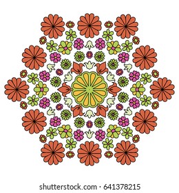 Floral Hexagonal Pattern with Daisy Flowers. Different Simple Flowers Organized in Symmetric Motif. Cute Ornament in Vintage Desaturated Colors