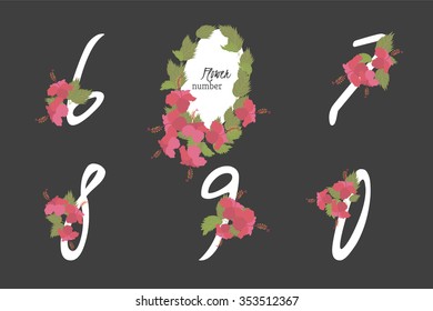 Floral hibiscus collection numbers in vintage color. Six, seven, eight, nine, zero- signs vector