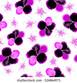 Floral with hibiscus flowers, watercolor hand drawing style on white background. Design in pink, purple and magenta colors for invitation, wedding or greeting cards. Vector hibiscus floral pattern.