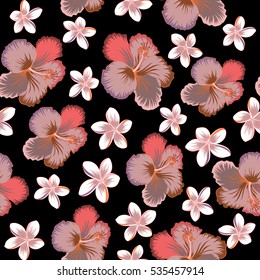 Floral with hibiscus flowers, watercolor hand drawing style on black background. Design in orange, pink and neutral colors for invitation, wedding or greeting cards. Vector hibiscus floral pattern.