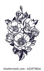 Floral highly detailed hand drawn peony or rose flower.Vintage Victorian Motif, tattoo design element. Bouquet concept art. Isolated vector illustration in line art style.


 