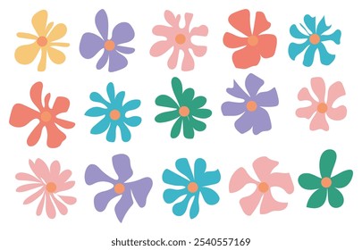 Floral hippie clipart groovy elements, colorful abstract hand drawn daisy flowers in vintage trippy style. Vector illustration stock illustration