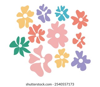 Floral hippie clipart groovy elements, colorful abstract hand drawn daisy flowers in vintage trippy style. Vector illustration stock illustration