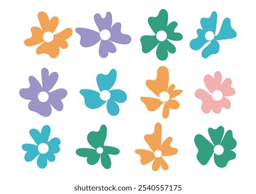 Floral hippie clipart groovy elements, colorful abstract hand drawn daisy flowers in vintage trippy style. Vector illustration stock illustration