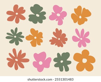 Floral hippie clipart groovy elements, colorful abstract hand drawn daisy flowers in vintage trippy style. Vector illustration stock illustration