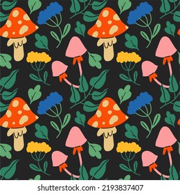 Floral hippie mushrooms, vector seamless pattern. Boho retro colors whimsical fly agaric, psilocybin, leaves and flowers, dark background. Flat design, cartoon hand drawn.