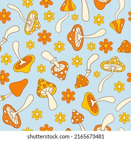 Floral hippie sin fisuras con hongos y flores de margarita sobre un fondo azul. Impresión retro Groovy en estilo 70, 80. Ilustración del vector