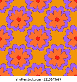 floral hippie seamless pattern.1970 psychedelic square ornament.botanical vibrant cottege core background.Funky groovy 60s textiles.Classic rustic fabric with wildflowers.paper print template