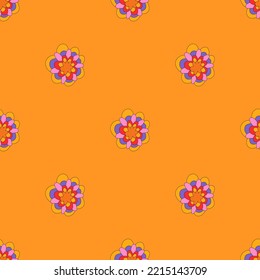 floral hippie seamless pattern.1970 psychedelic square ornament.botanical vibrant cottege core background.Funky groovy 60s textiles.Classic rustic fabric with wildflowers.paper print template