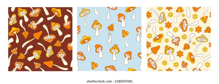 Floral hippie set seamless patterns with cute mushrooms on a brown, blue and beige background. Groovy retro vintage print in style 70s, 80s. Vector illustration