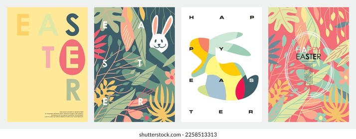 Floral holiday backgrounds and greeting cards with Easter bunny and Easter eggs. Easter holiday vector poster and banner templates illustration. 