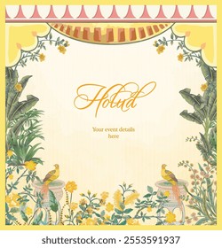 Floral Holud Invitation Card Design with Birds and Banana Leaves.