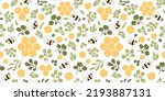 Floral honeycomb pattern. Green natural bee honey pattern Bee seamless pattern. Cute green leaves branches bee honeycomb background. Organic honey template. Vector illustration. Floral bees print.