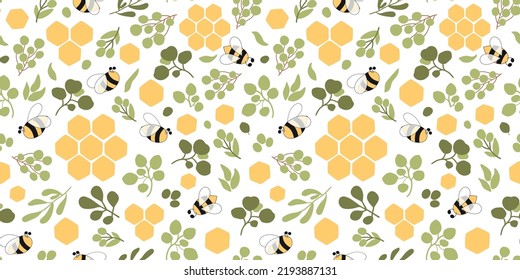 Floral honeycomb pattern. Green natural bee honey pattern Bee seamless pattern. Cute green leaves branches bee honeycomb background. Organic honey template. Vector illustration. Floral bees print.