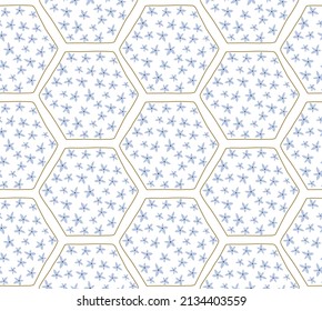 Floral honeycomb summer pattern. Floral beekeeping package design. Single continuous line drawing. Summer flower honey bee beekeeping repeated background. Vector illustration.