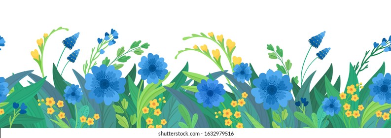 Floral horizontal background. Blue and yellow wildflowers border. Clipart for Easter, International Women's day, Mother's day, Wedding invitations. 