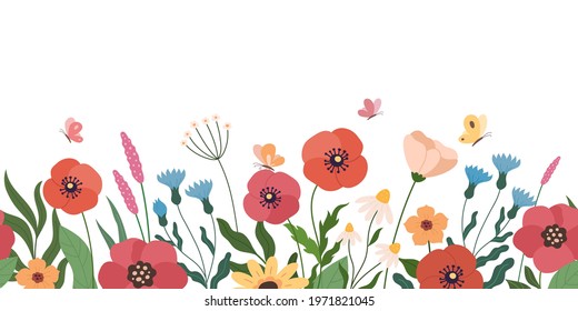 Floral horizontal background. Vector illustration of seamless floral pattern made by cartoon wild flowers. Isolated on white