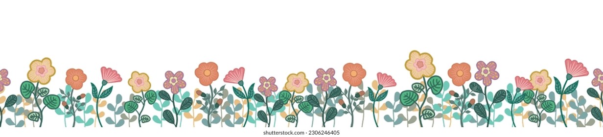 Floral horizontal banner decorated with beautiful multicolored cartoon flowers. Spring botanical backdrop. Vector illustration isolated on white background