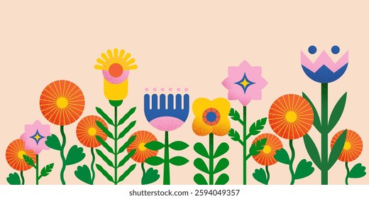 Floral horizontal banner with geometric blooming flowers and leaves border. Spring, Easter, Summer botanical theme background. 