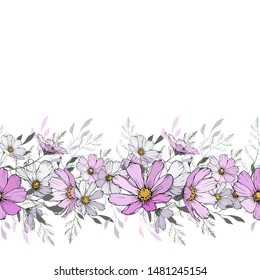 Floral horizontal border with light pink and white cosmos flower and green leaves on white background.  Design for your wedding, birthday, saving the date card, greeting card decoration. Vector.